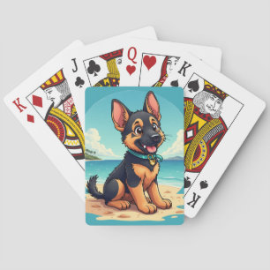 Cute German Shepherd Puppy Beach Illustration Poker Cards