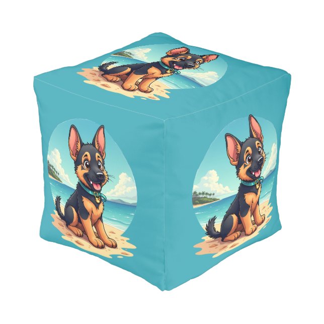 Cute German Shepherd Puppy Beach Illustration Pouf (Angled Front)