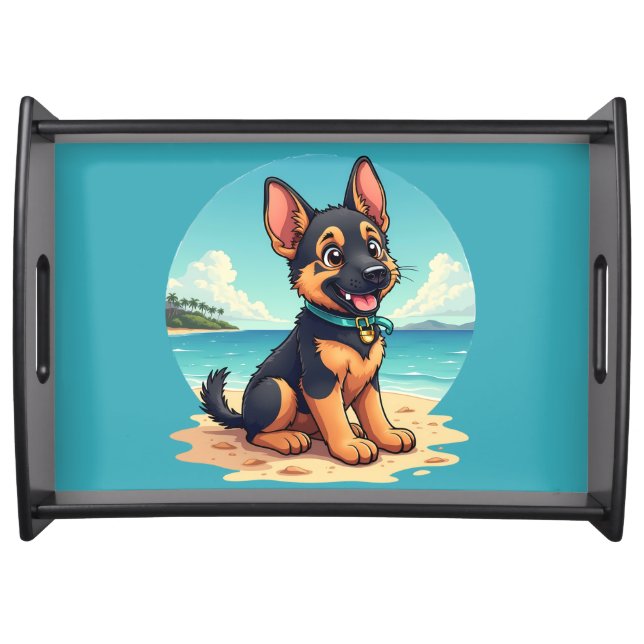 Cute German Shepherd Puppy Beach Illustration Serving Tray (Front)