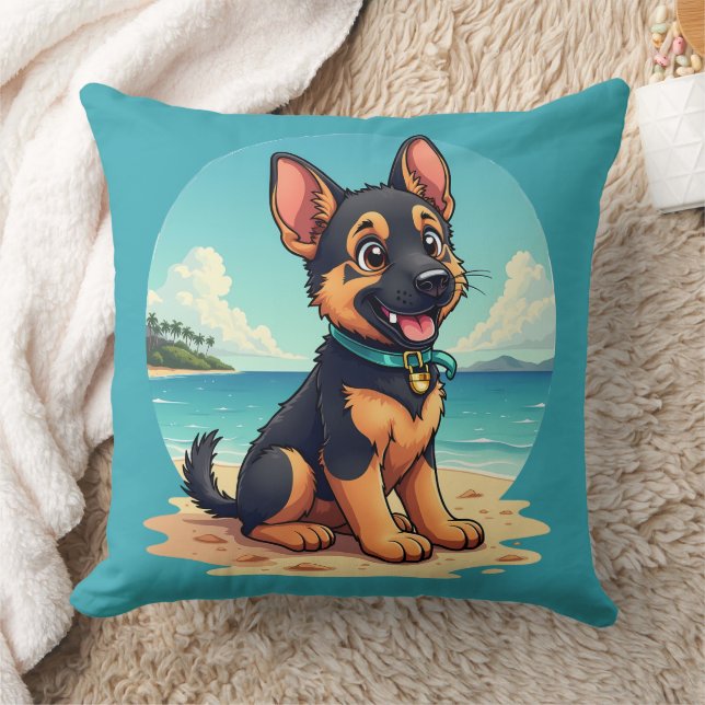 Cute German Shepherd Puppy Beach Illustration Throw Pillow (Blanket)