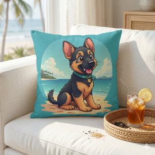 Cute German Shepherd Puppy Beach Illustration Throw Pillow