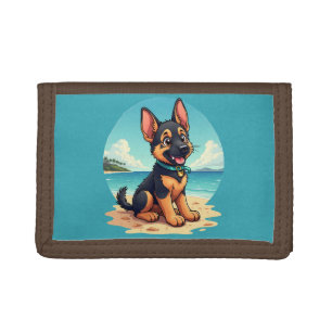 Cute German Shepherd Puppy Beach Illustration Tri-fold Wallet