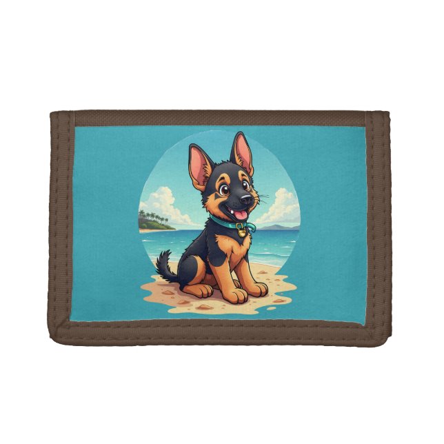 Cute German Shepherd Puppy Beach Illustration Trifold Wallet (Front)