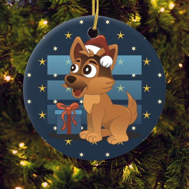 Cute German Shepherd puppy Cartoon Starry night Ceramic Ornament (Creator Uploaded)