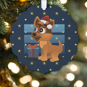 Cute German Shepherd puppy Cartoon Starry night Ornament Card