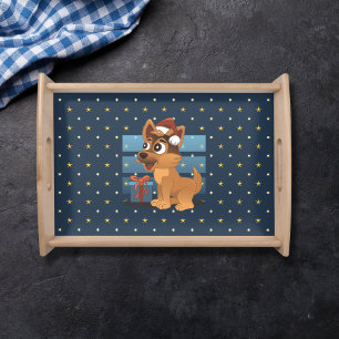 Cute German Shepherd puppy Cartoon Starry night Serving Tray