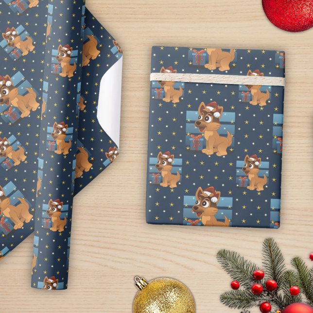 Cute German Shepherd puppy Cartoon Starry night Wrapping Paper (Creator Uploaded)