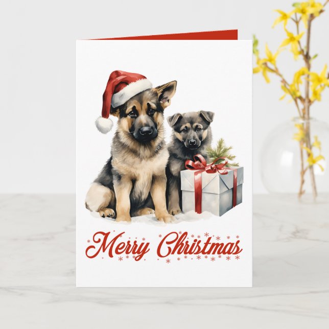 Cute German Shepherd Puppy Dog Merry Christmas  Card (Yellow Flower)