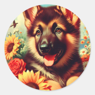 Cute German Shepherd Puppy Painting Classic Round Sticker