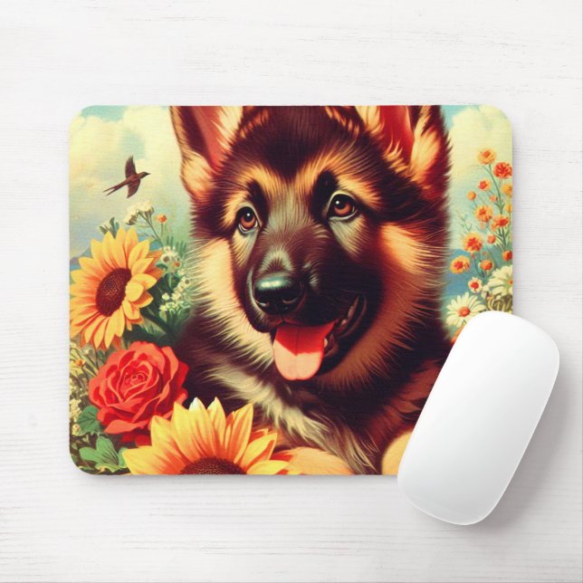 Cute German Shepherd Puppy Painting Mouse Pad (With Mouse)