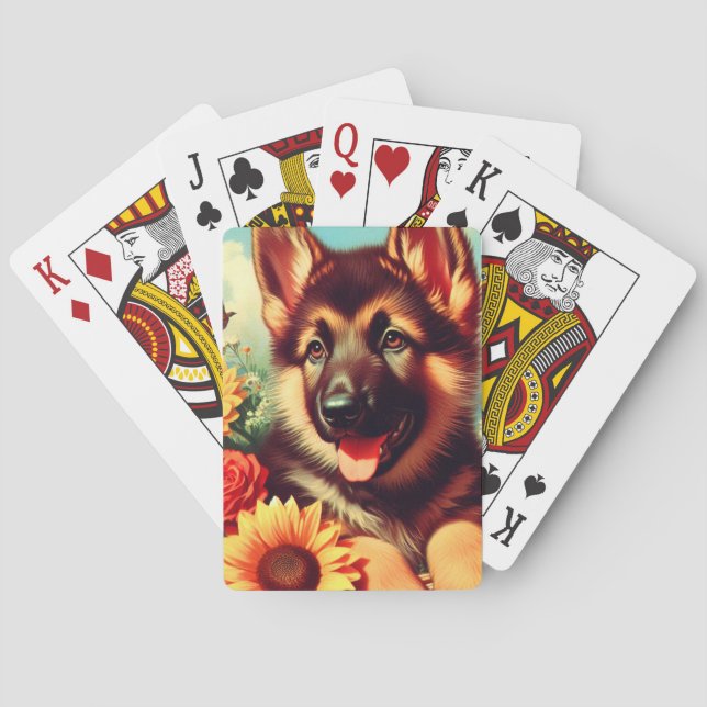 Cute German Shepherd Puppy Painting Poker Cards (Back)