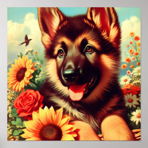 Cute German Shepherd Puppy Painting Poster