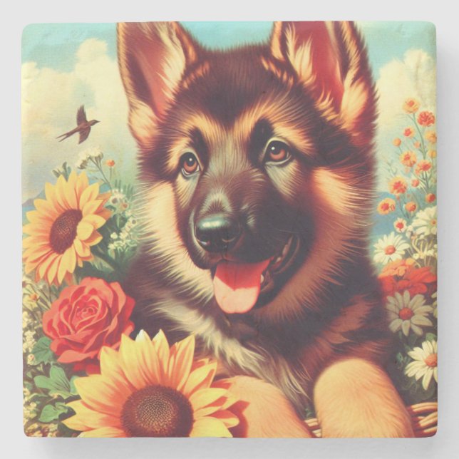 Cute German Shepherd Puppy Painting Stone Coaster (Front)