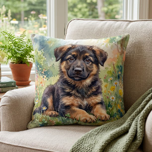 Cute German Shepherd Puppy Watercolor Throw Pillow