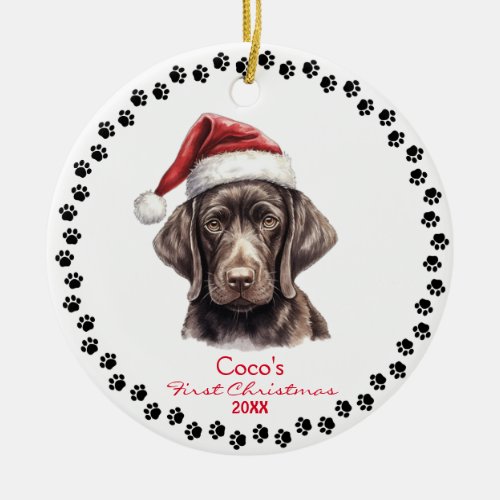 Cute German Shorthair Dog Santa Hat 1st Christmas Ceramic Ornament