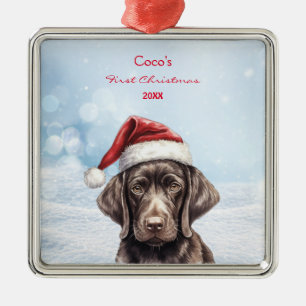 Cute German Shorthair Dog Santa Hat Pencil Art Paw Metal Ornament