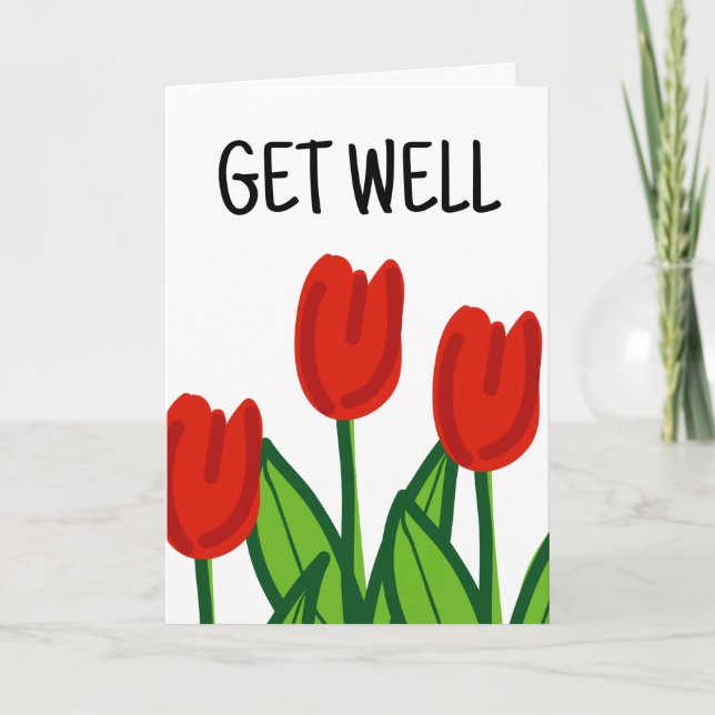 Cute Get Well card with red tulips drawing (Front)