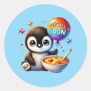 Cute get well soon penguin classic round sticker