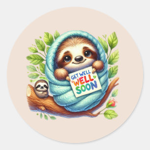 Cute get well soon sloth classic round sticker