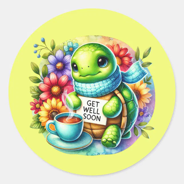 Cute get well soon turtle classic round sticker | Zazzle