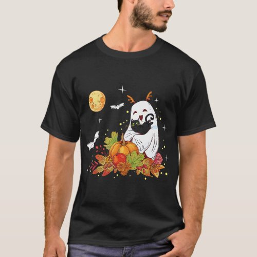 Cute Ghost 2Cat Pumpkin Fall Leaves Halloween Cost T_Shirt