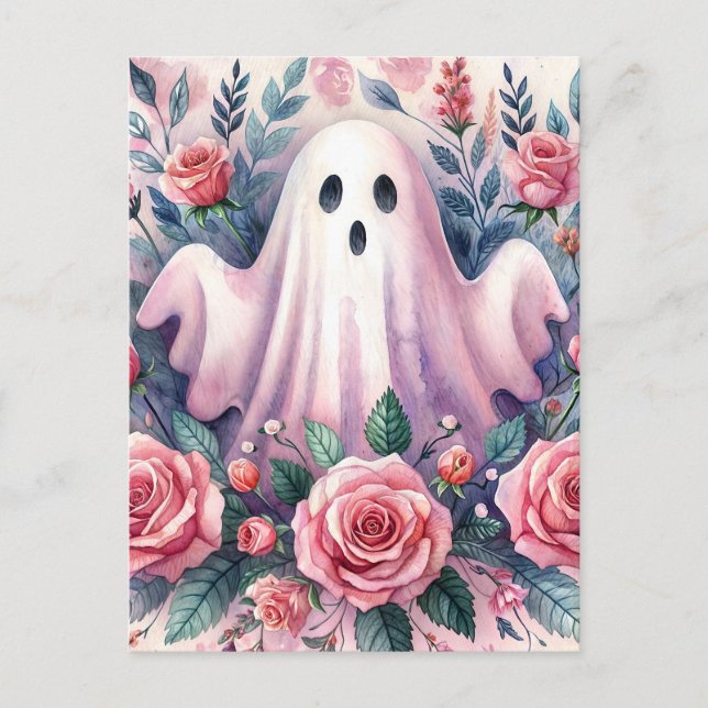 Cute Ghost Among Pink Roses  Postcard (Front)