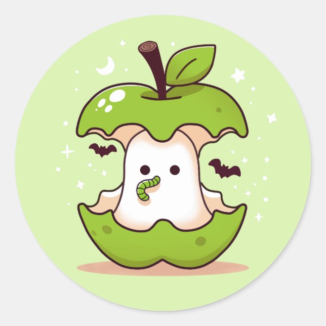 Cute Ghost and Apple Green Halloween Classic Round Sticker (Front)