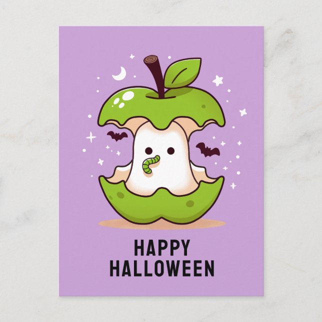 Cute Ghost and Apple Purple Halloween postcard (Front)