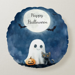 Cute Ghost and Black Cat Halloween Round Pillow
