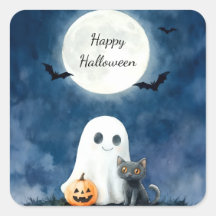 Cute Ghost and Black Cat Halloween