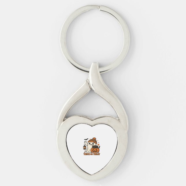 Cute Ghost and Black Cat Trick or Treat Classic T- Keychain (Front)