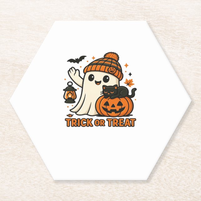 Cute Ghost and Black Cat Trick or Treat Classic T- Paper Coaster (Front)