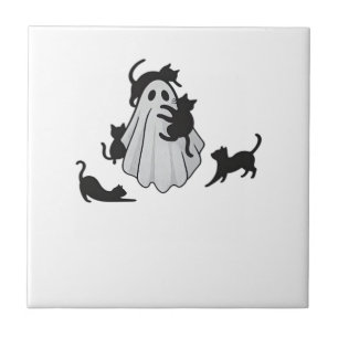 Cute Ghost and Black Cats Classic T-Shirt Ceramic Tile