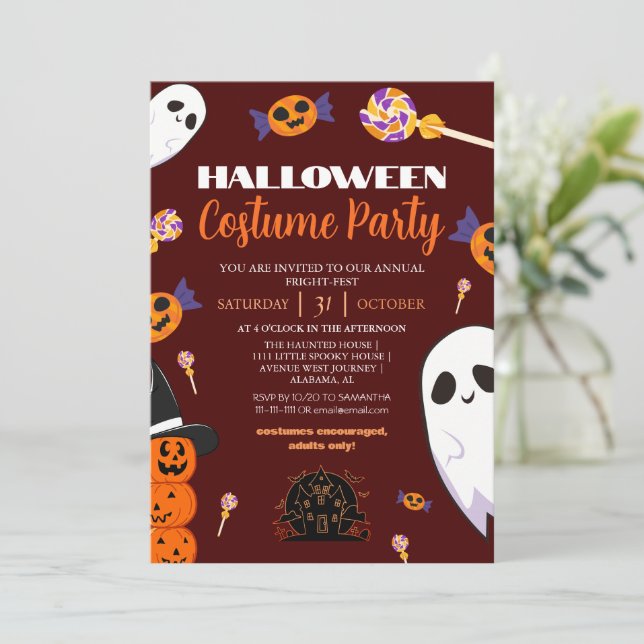 Cute Ghost and Candy Halloween Costume Party Invitation (Standing Front)