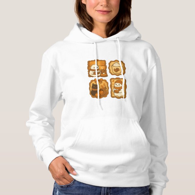 Cute Ghost and Cat in Autumn Season | Cozy Fall Hoodie (Front)