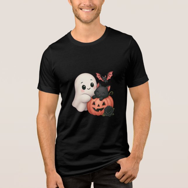 Cute Ghost and Cat With Pumpkin Tri-Blend Shirt (Front)