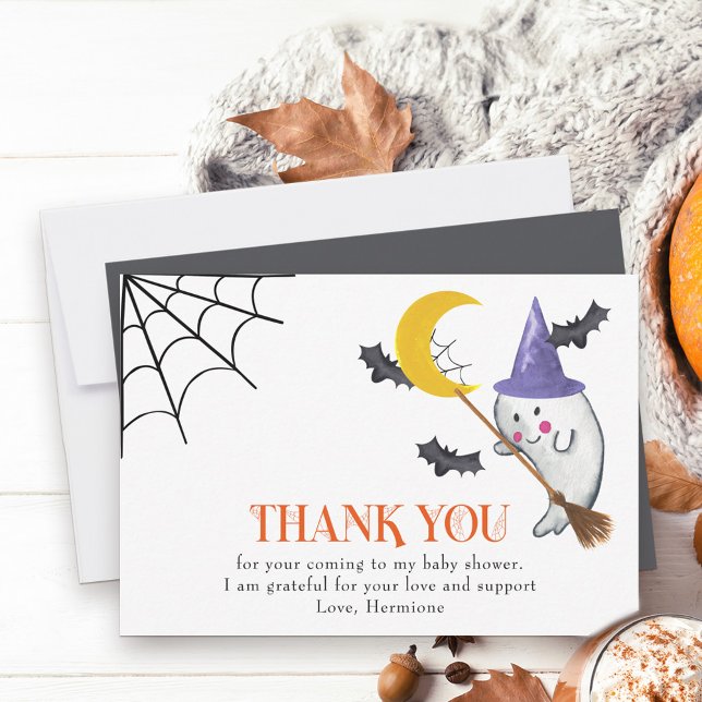 Cute Ghost and Cobwebs Halloween Thank You Card (Halloween thank you card with cute witchy ghost on a broomstick and cobweb lettering)