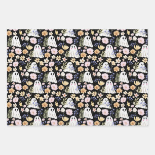 Cute Ghost And Colorful Flowers Seamless Pattern Wrapping Paper Sheets