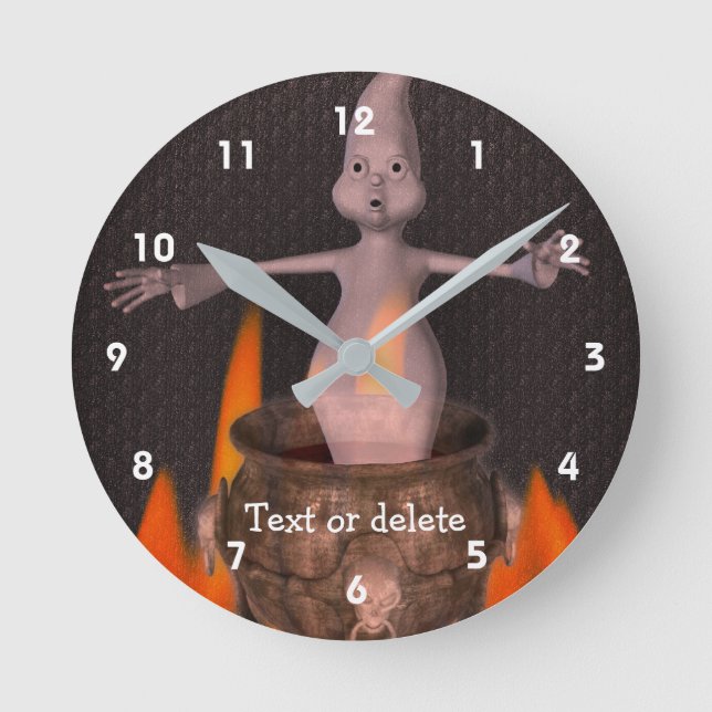 Cute Ghost And Flaming Cauldron Personalized Round Clock (Front)