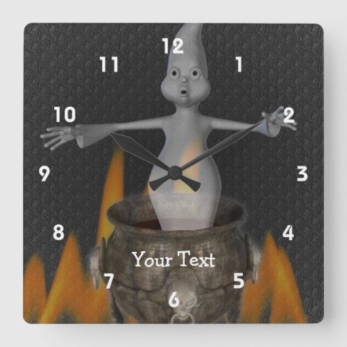 Cute Ghost And Flaming Cauldron Square Wall Clock