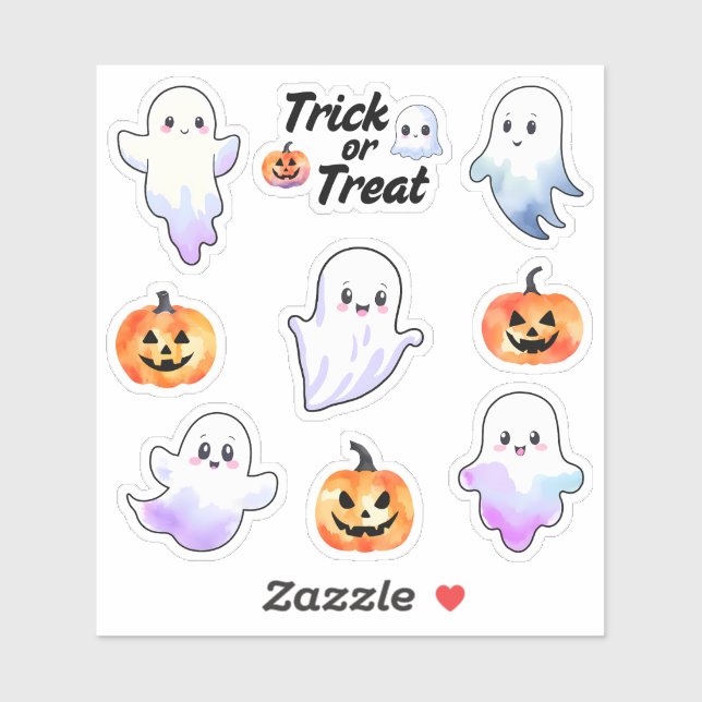Cute Ghost and Halloween Pumpkin Watercolour Sticker (Sheet)