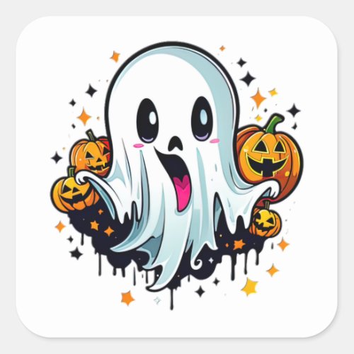 Cute Ghost and Happy Pumpkins Square Sticker