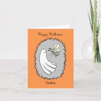 Cute Ghost And Moth Friends Custom Name Halloween Card by MiKaArt at Zazzle