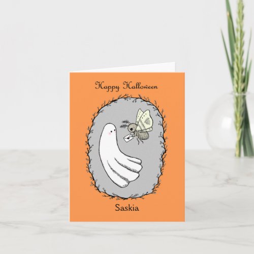 Cute Ghost and Moth Friends Custom Name Halloween Card