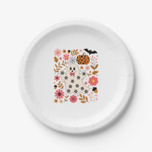 Cute Ghost and Pumpkin Floral Spooky Paper Plates
