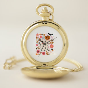 Cute Ghost and Pumpkin Floral Spooky Pocket Watch