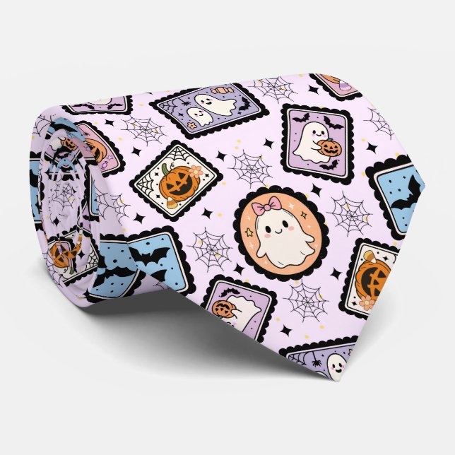 Cute Ghost and Pumpkin Halloween Stamps Pattern Neck Tie (Rolled)