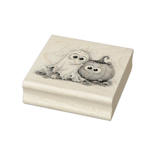 Cute Ghost and Pumpkin Halloween Wood Rubber Stamp