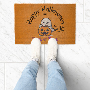 Cute Ghost and Pumpkin "Happy Halloween" Fiber Doormat