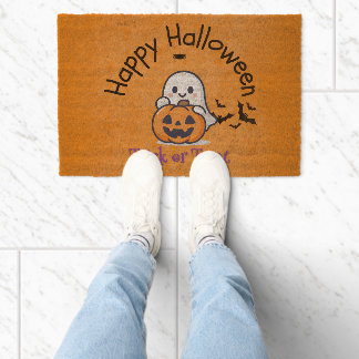 Cute Ghost and Pumpkin "Happy Halloween" Fiber Doormat